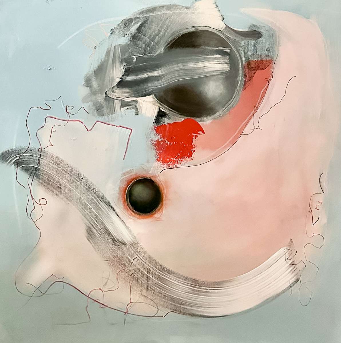 Quantum Mother by Maria Lankina  Image: Acrylic on canvas, 2022. Soft pink atmosphere pierced by orbs and cerebral forms.