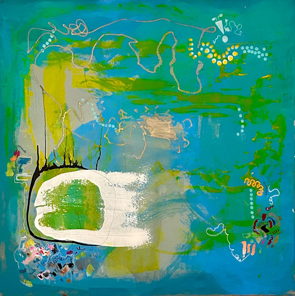 Soft Data Breach by Maria Lankina  Image: Soft Data Breach is a large painting on unprimed linen where color and removal are doing the same amount of work. Layers of acrylic and UV-reactive pigment are partially washed back with a pressure sprayer, exposing the raw canvas and leaving pale brown tracings. Over that, I added loose, child-like pen and marker lines in one corner, especially around the white form. The result sits between abstract field, erased image, and sketchbook margin. Ready to hang.