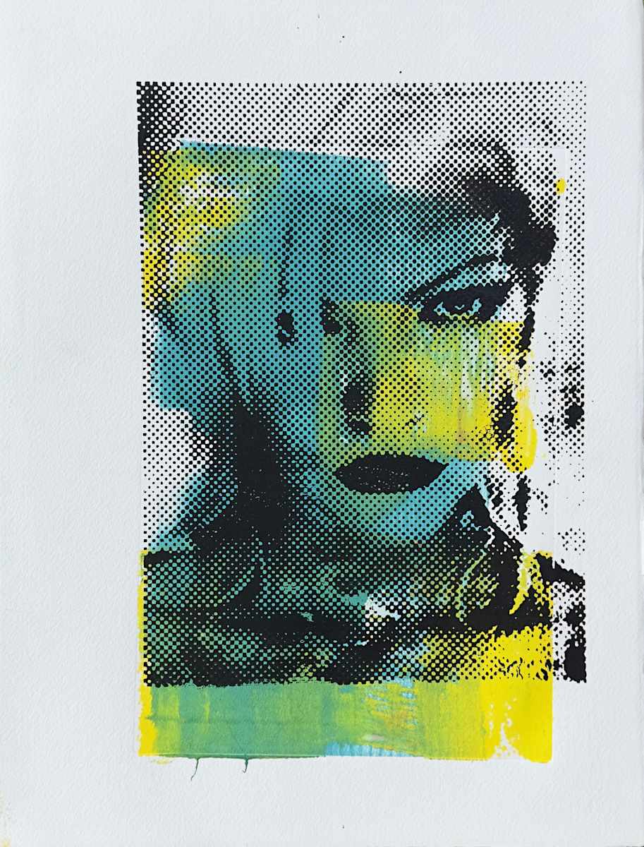 Electric Stillness by Maria Lankina  Image: Teal and yellow self-portrait silkscreen on Arches 88 — charged with calm, printed like a whisper pressed into skin.
