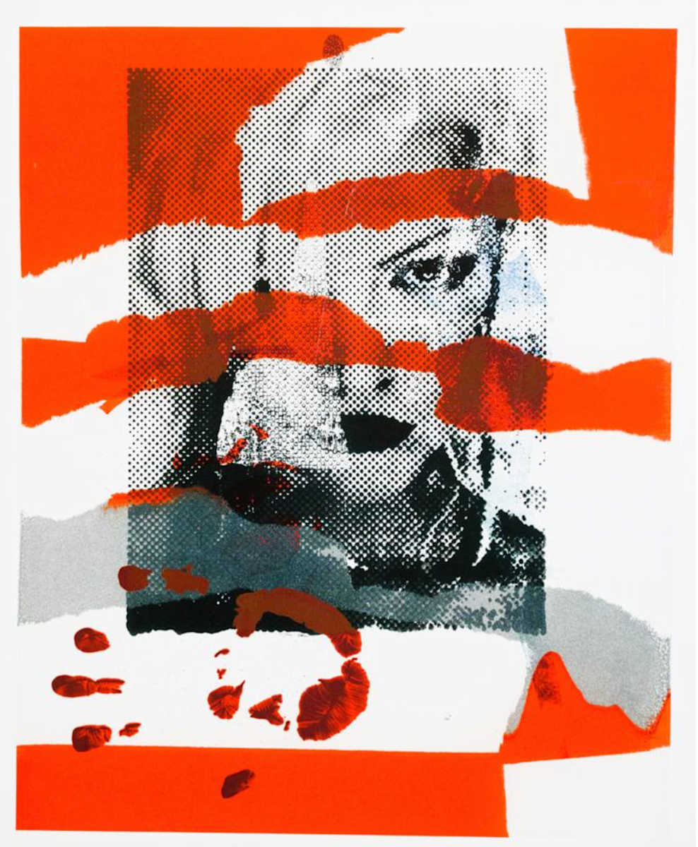 Broadcast Veil by Maria Lankina  Image: Original 2010 self-portrait silkscreen layered with blood orange, silver mist, and the artist’s own right handprint. Featured in Saatchi’s Warhol-inspired collection and scaled for music video set design.