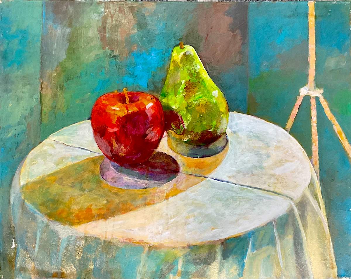 Apple and Pear on Table by Joe Roache 