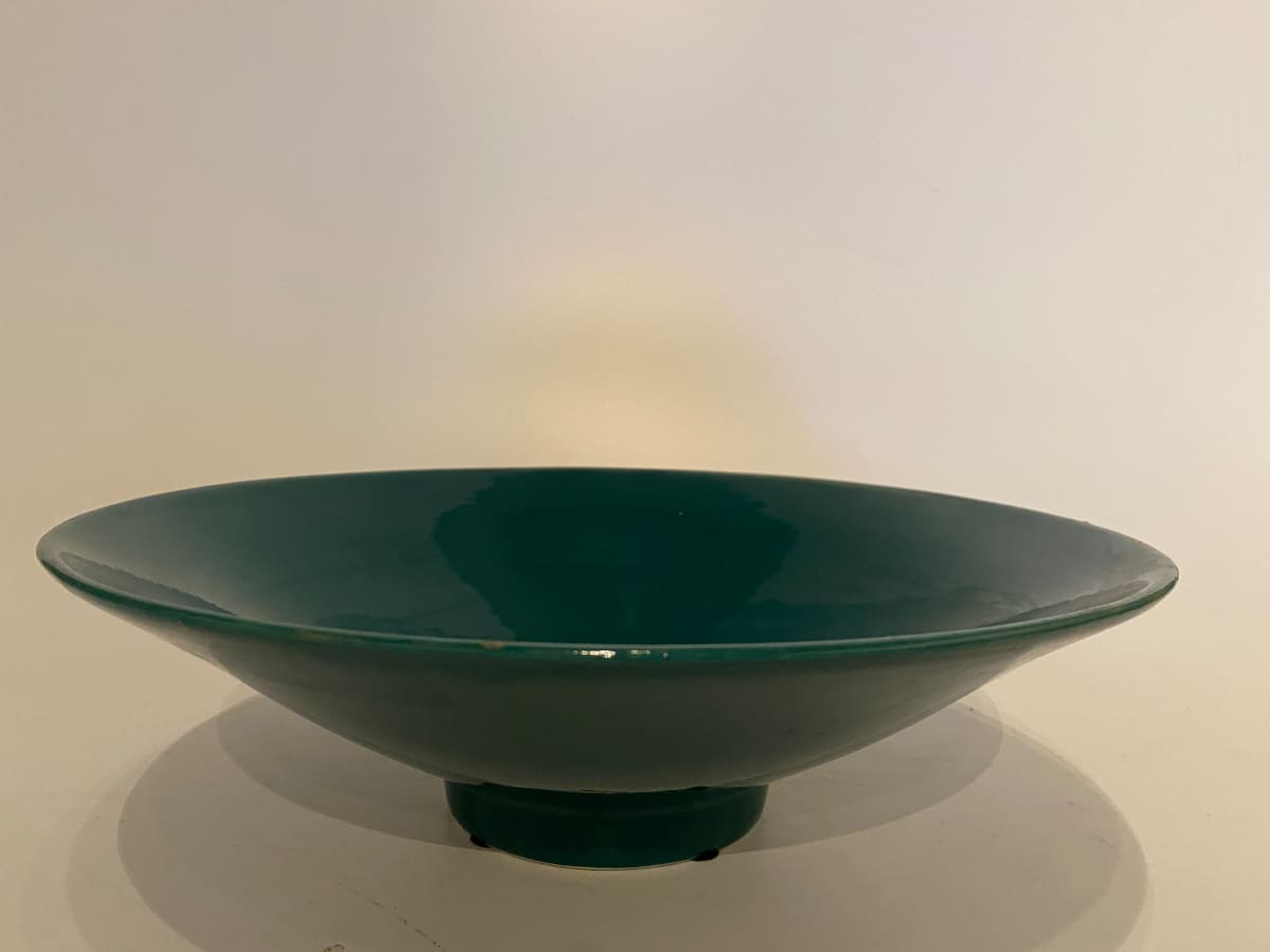 Shallow teal ceramic ikebana vase 