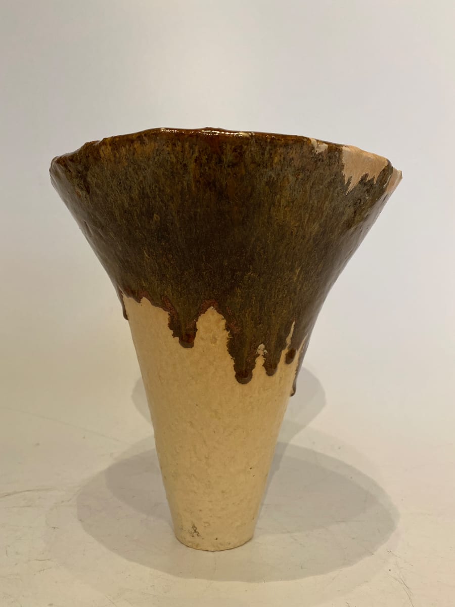 Brown and tan ceramic ikebana vase 