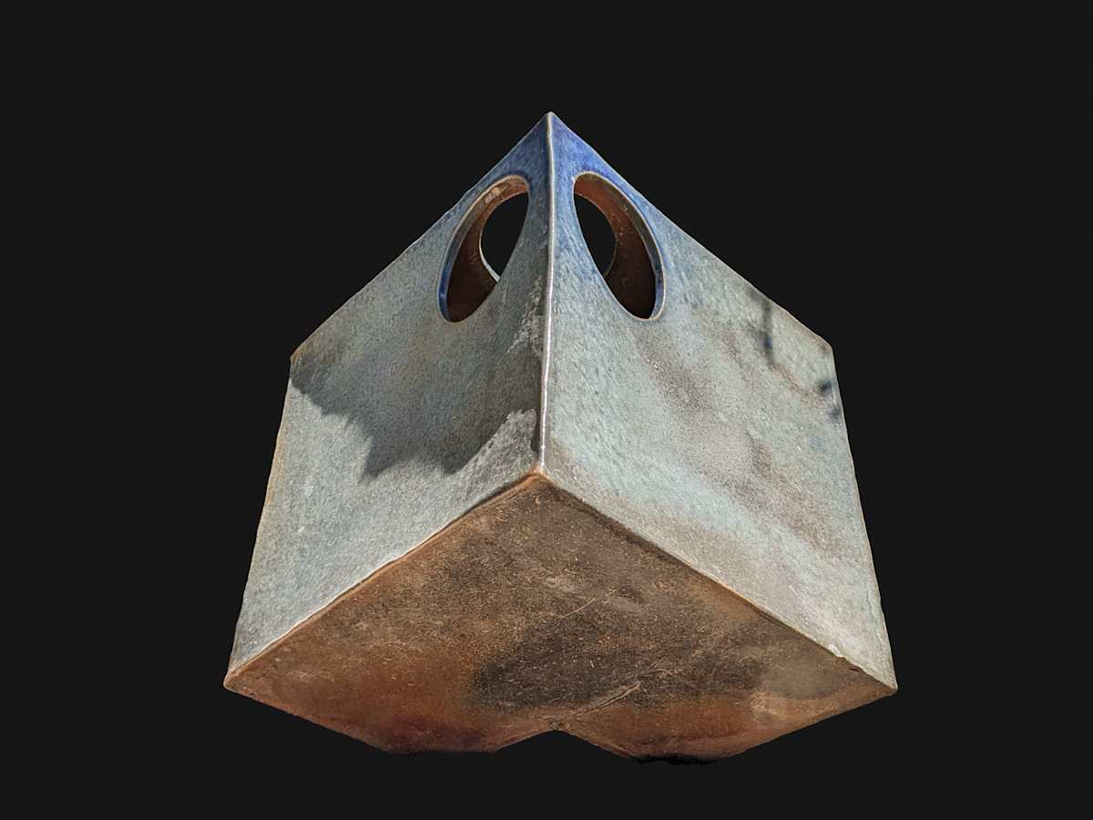 Large cube-shaped ceramic ikebana vase by Ping Wei 