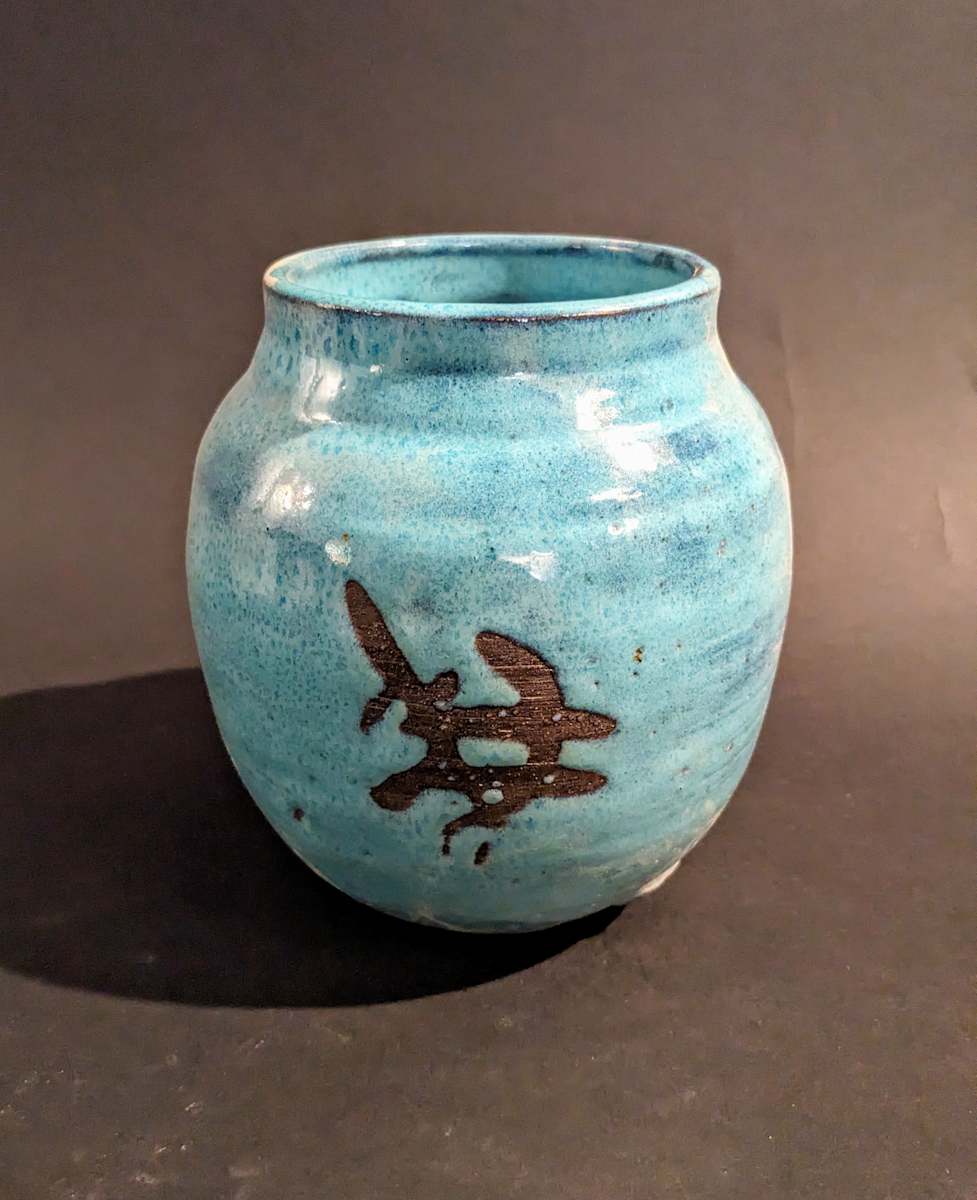 Globular turquoise ceramic ikebana vase 