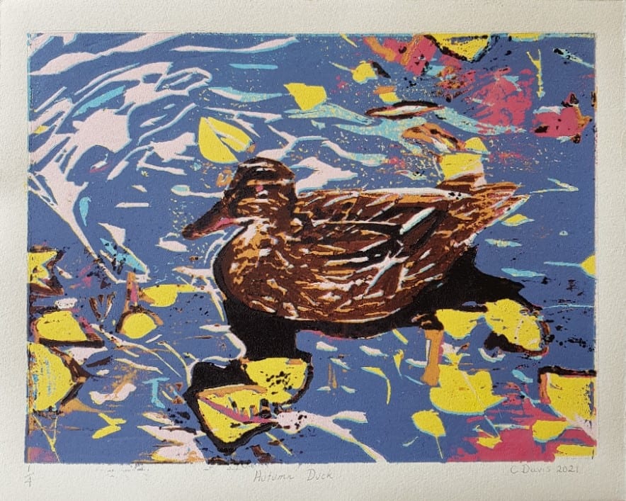 Autumn Duck woodcut by Christine Davis 