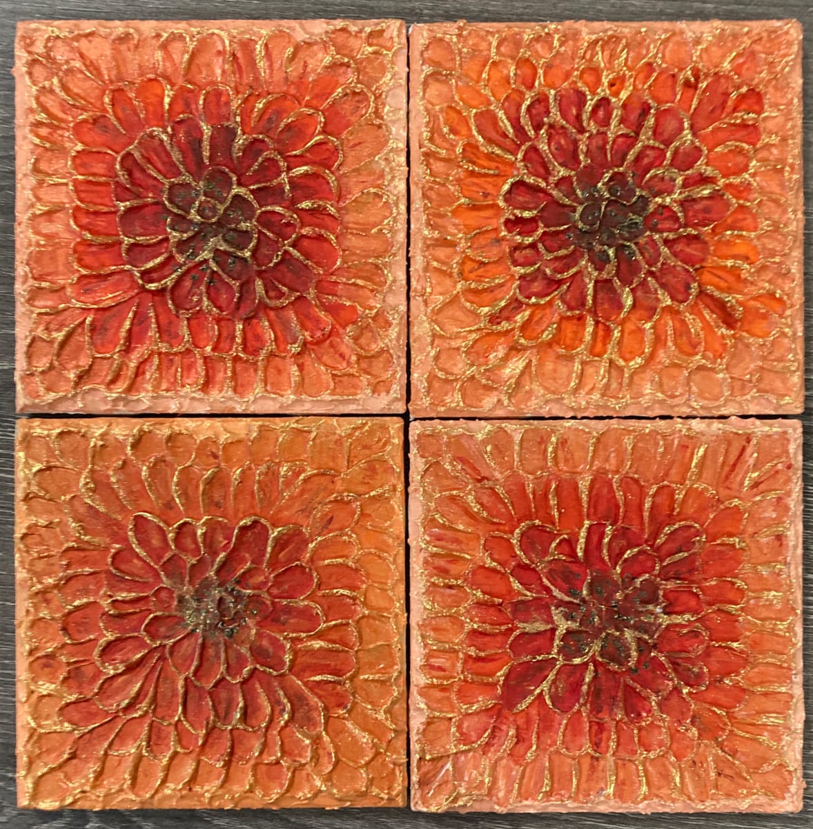 Gilded - Poppy-colored flower tiles by Helen Renfrew 