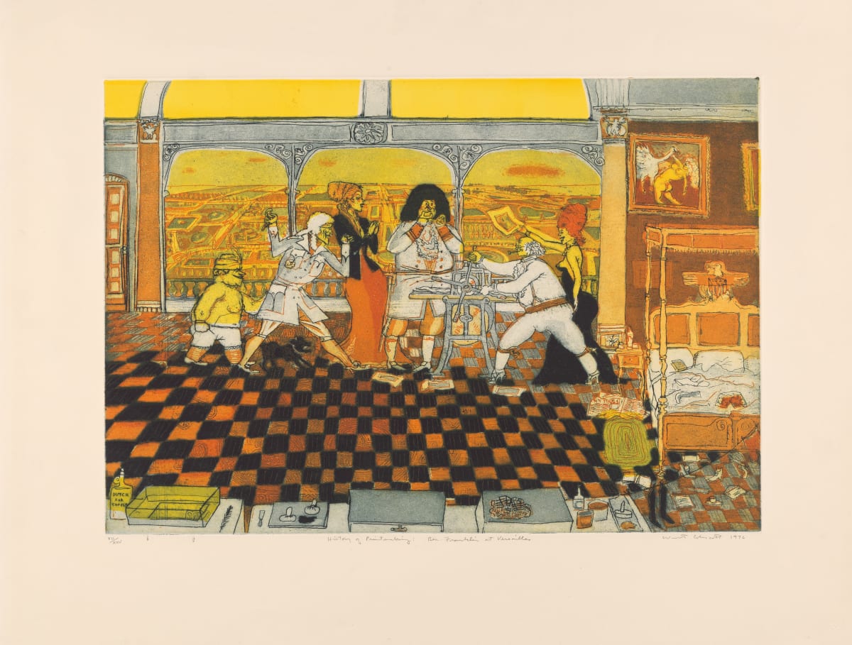 History of Printmaking: Ben Franklin at Versailles by Warrington Colescott 