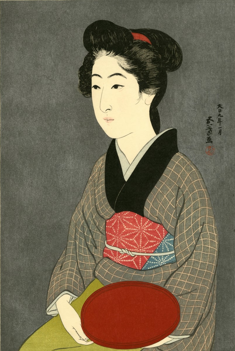 Portrait of Onao, a Maid at the Matsuyoshi Inn, Kyoto (Waitress with a Red Tray) by Hashiguchi Goyô 