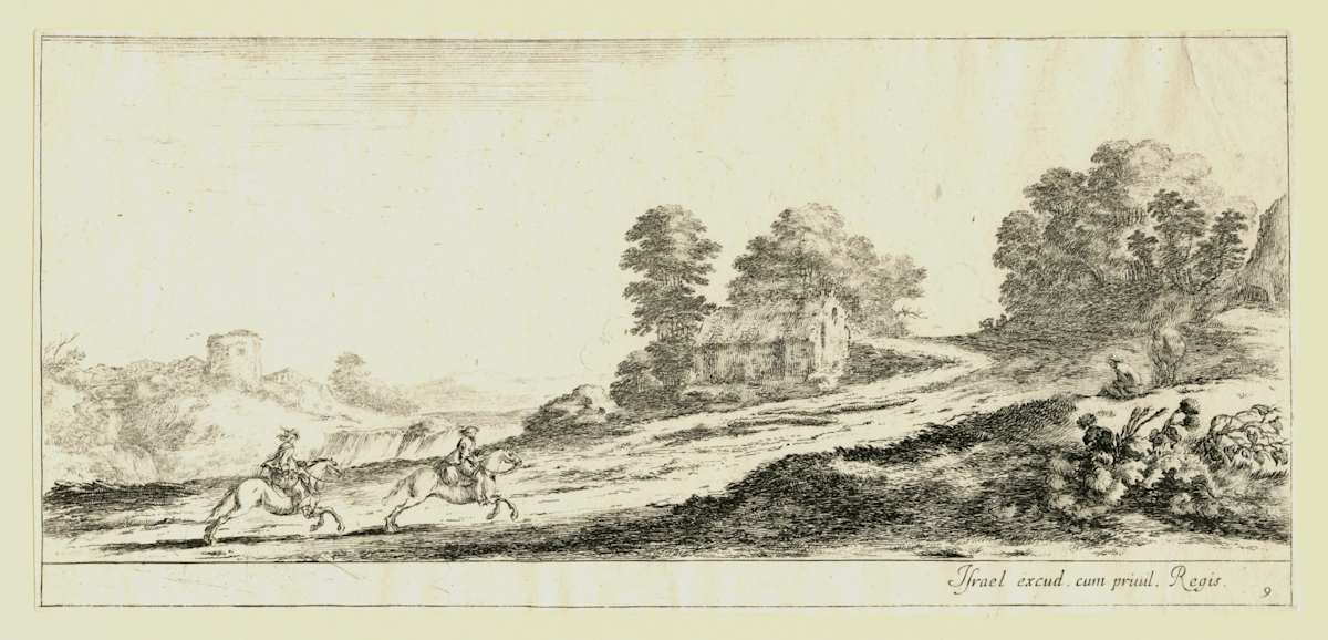 Plate 9: two horsemen at left galloping uphill towards the right, a horse and seated man to right by Stefano della Bella 