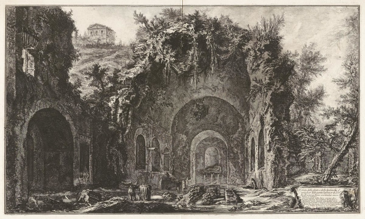 Veduta della fonte e delle Spelonche d'Egeria fuor della porta Capena or di S. Seb. (The fountain and grotto of Egeria outside the Porta Capena) by Giovanni Battista Piranesi 