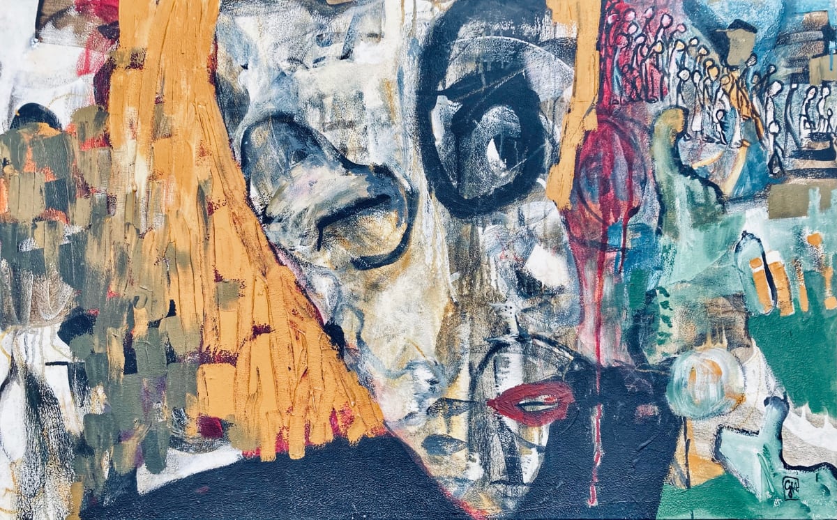 The Bystander's Trauma by gabriela hirt  Image: This piece, painted after finding out that a family member was an agent in the Nazi regime, sparked her “The Indelible Mark” collection in which the German-Canadian artist investigates the legacy she inherited growing up in the wake of the Holocaust, as well as belonging and exclusion and the relationship between German guilt and de-colonial healing in her adopted home in Canada.