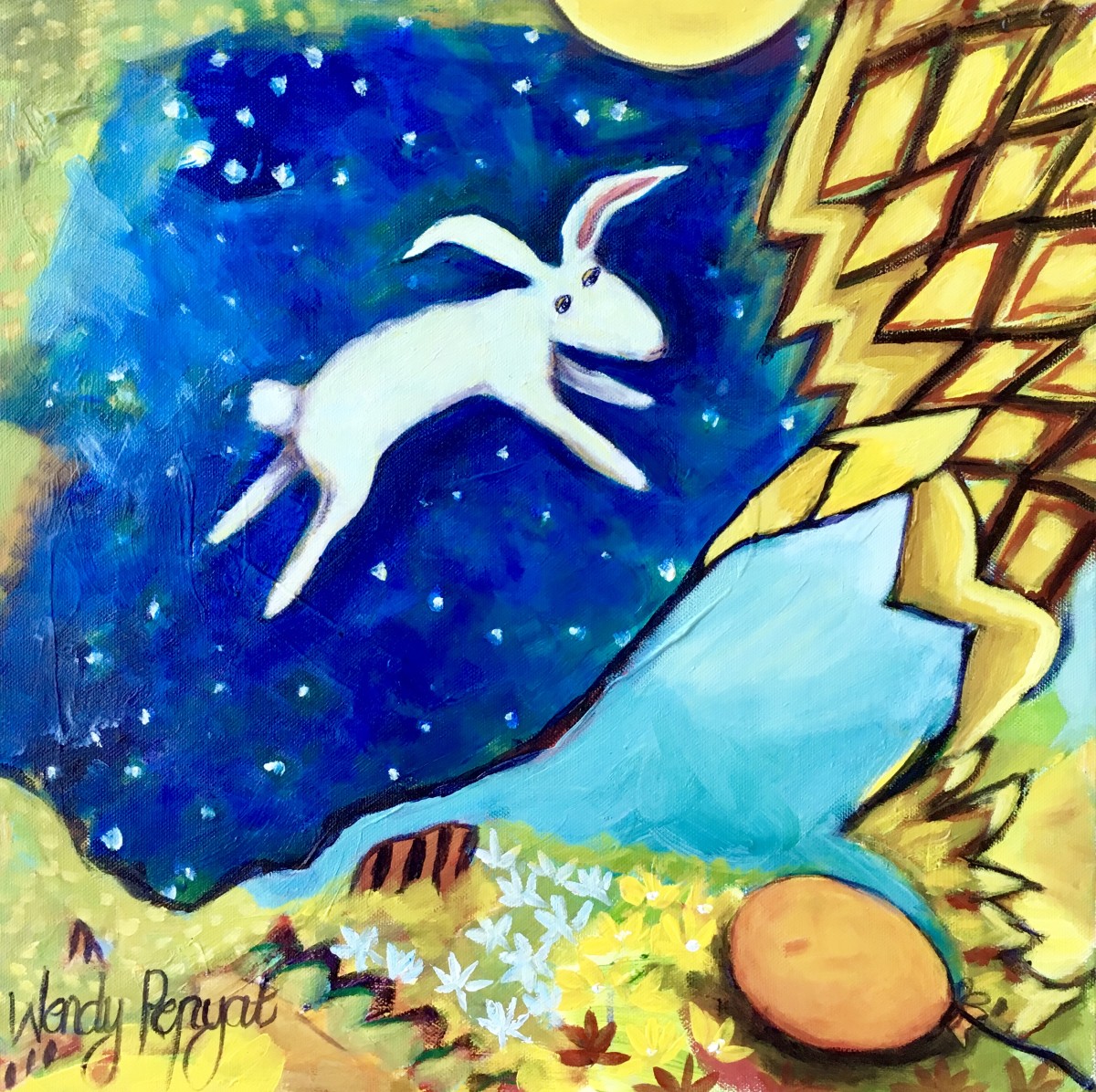 Rabbit flying by Wendy Bache 
