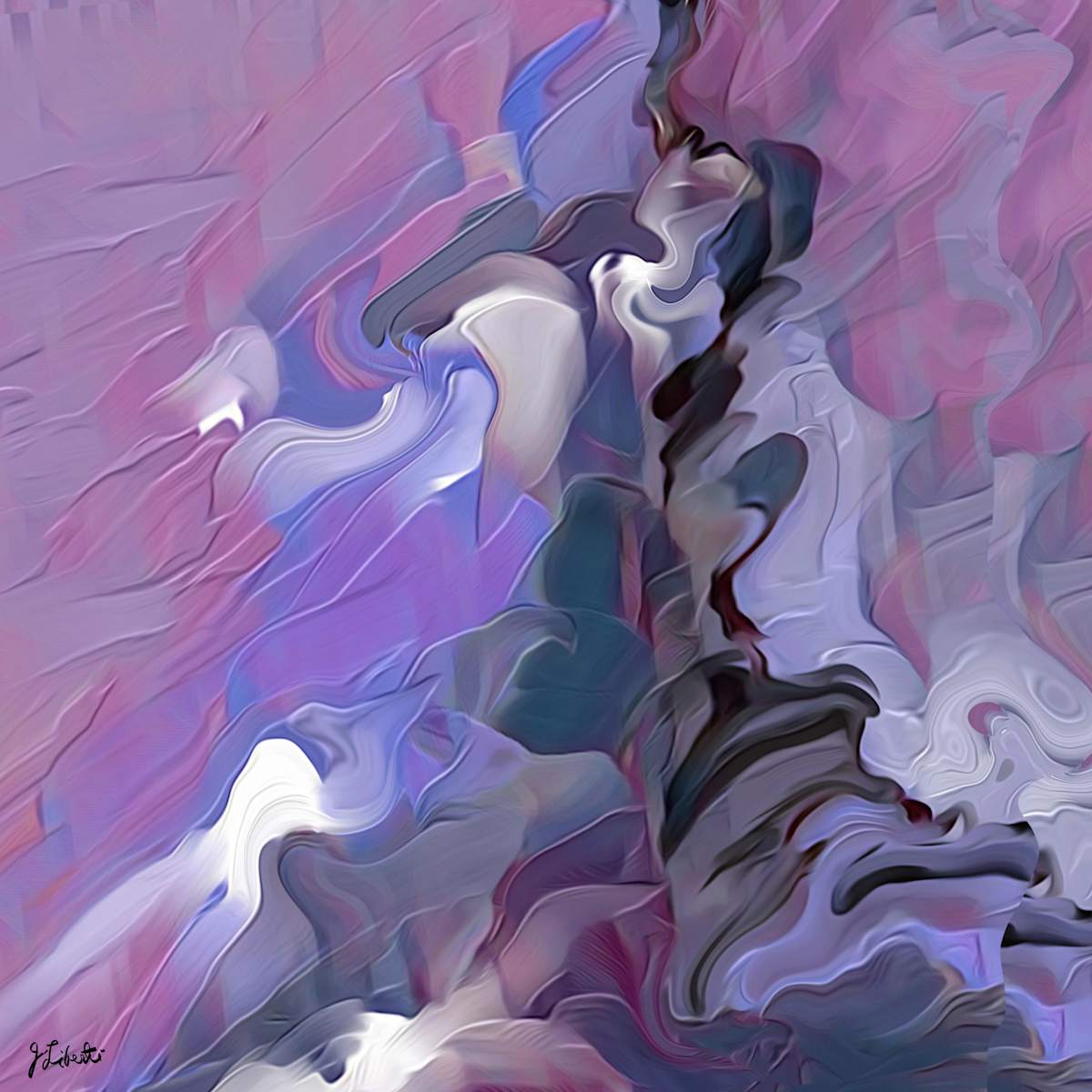 Ambivalence by Joseph Liberti  Image: A dynamic image layered with deep purples and stark blacks contrasts with soft whites, embodying the tension of conflicting thoughts. Textured swirls clash and blend, reflecting emotional turmoil and harmony.
