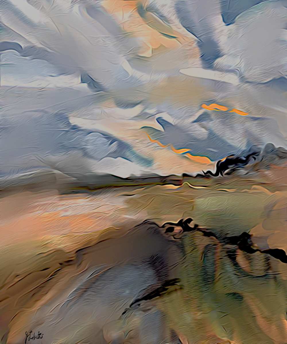 Foothill Stillness by Joseph Liberti  Image: A serene interplay of earth tones captures the foothills of southern Colorado, where blue and grey skies merge. Highlights of orange light infuse warmth, revealing a landscape alive with movement, inviting reflection and connection to nature’s beauty. A visual hymn to tranquility.