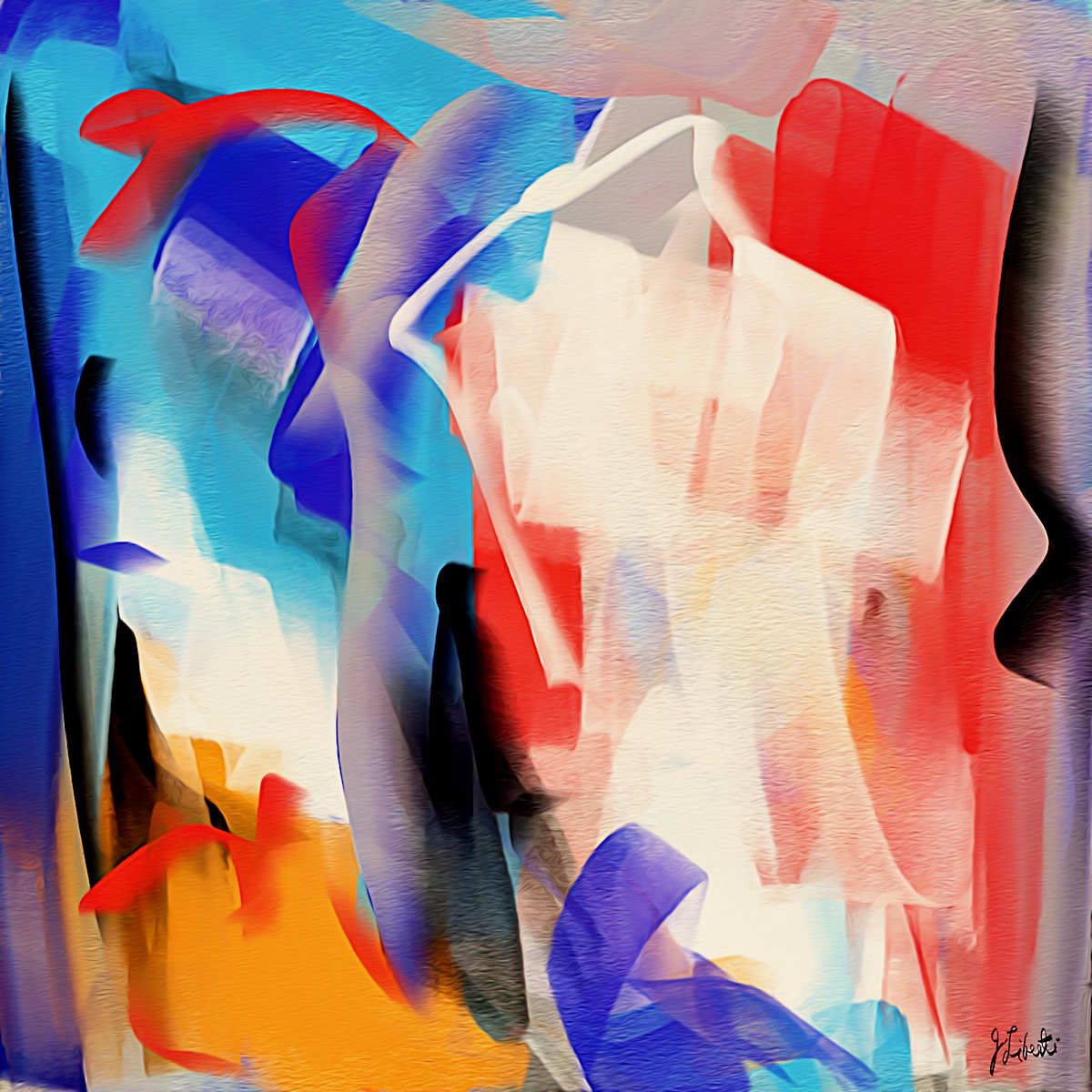 Righteous by Joseph Liberti  Image: Righteous bursts with sharp abstract shapes in red, white, blue, black, and orange. Bold palette knife strokes create a dynamic rhythm, capturing the solid, “in the groove” feeling—a vibrant expression of confidence and balance.