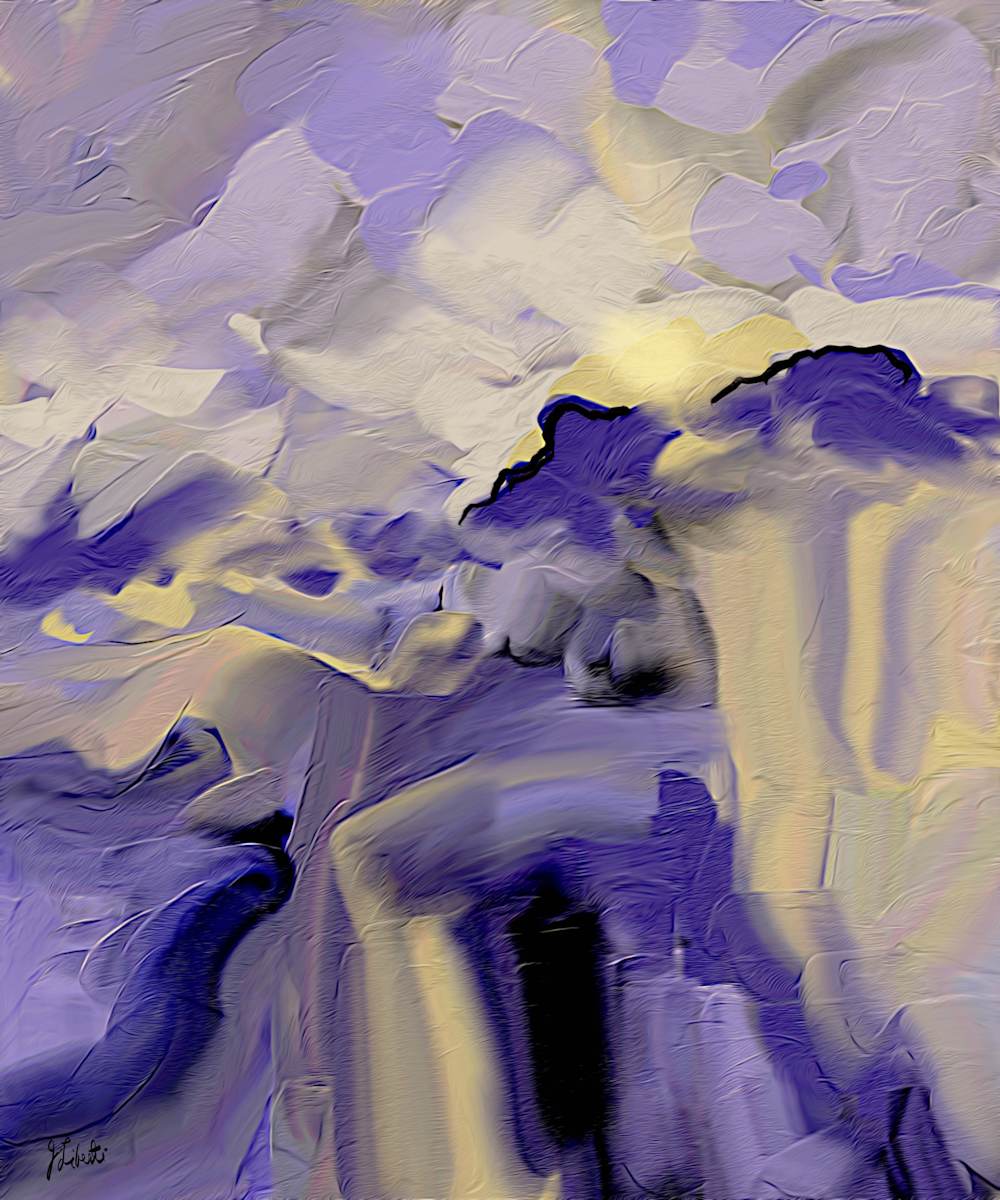 Shining Through by Joseph Liberti  Image: n this evocative abstract painting, deep purple mountainous shapes rise, embodying the journey of accessing deep intuition. Lighter shades of purple whisper through the canvas, while swirling highlights of pale yellow and white cascade, illuminating the scene. Together, they capture the essence of new inspiration and the light within.
