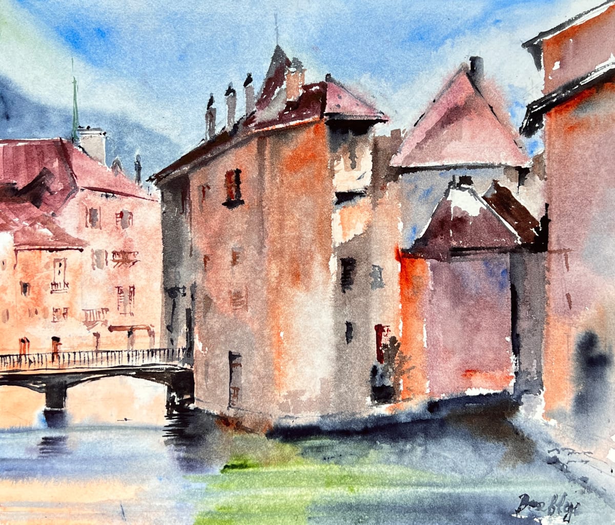 Sunlit Annecy: A Watercolor of Old Houses and Bridges (# 399) by Irina Bakumenko BEEBLAGOART 