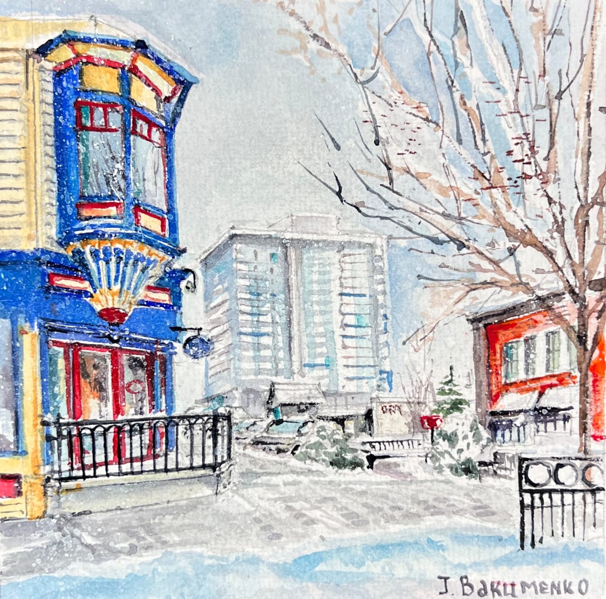 Snow day on Pandosy Street, Kelowna, 2023 by Irina Bakumenko BEEBLAGOART 