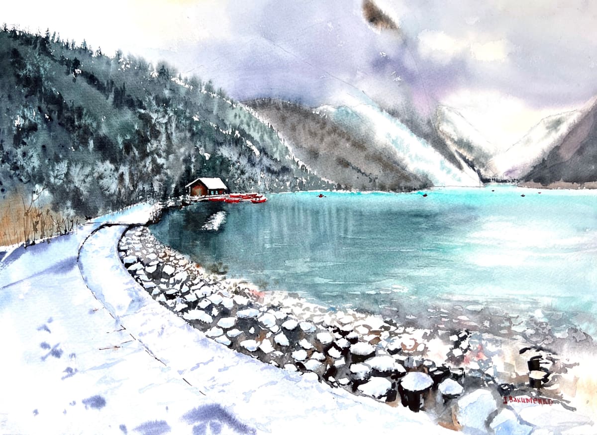 "Lake Louise: A Winter Fairytale" ( #388) by Irina Bakumenko BEEBLAGOART  Image: Watercolor 15"x22", December 2022,  # 388 by Irina Bakumenko