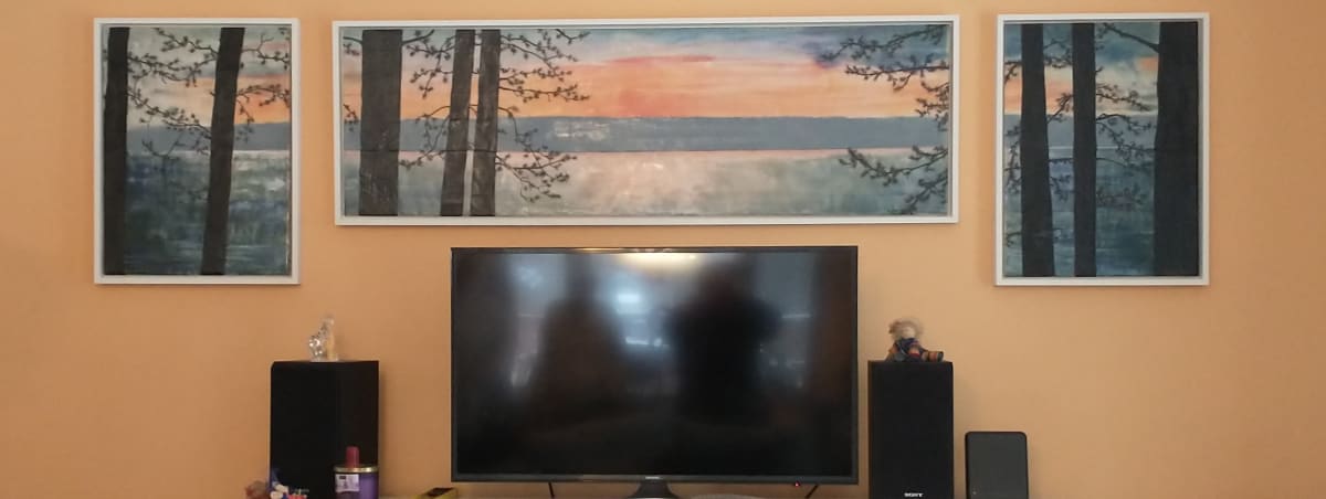 End of the Day: Sunset at the Lake by Carla Benjamin  Image: three panel commission 2024- SOLD