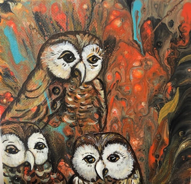 Three Little Barn Owls Looking Back at Me! by Linda K Bridges  Image: Three abstract barn owls set in an acrylic pour background.