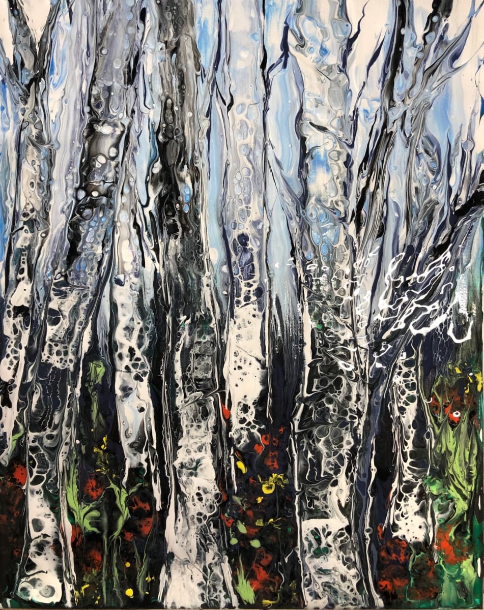 Naked Birch Grove by Linda Bridges  Image: This is an acrylic abstract of a cluster of birch trees in winter. 