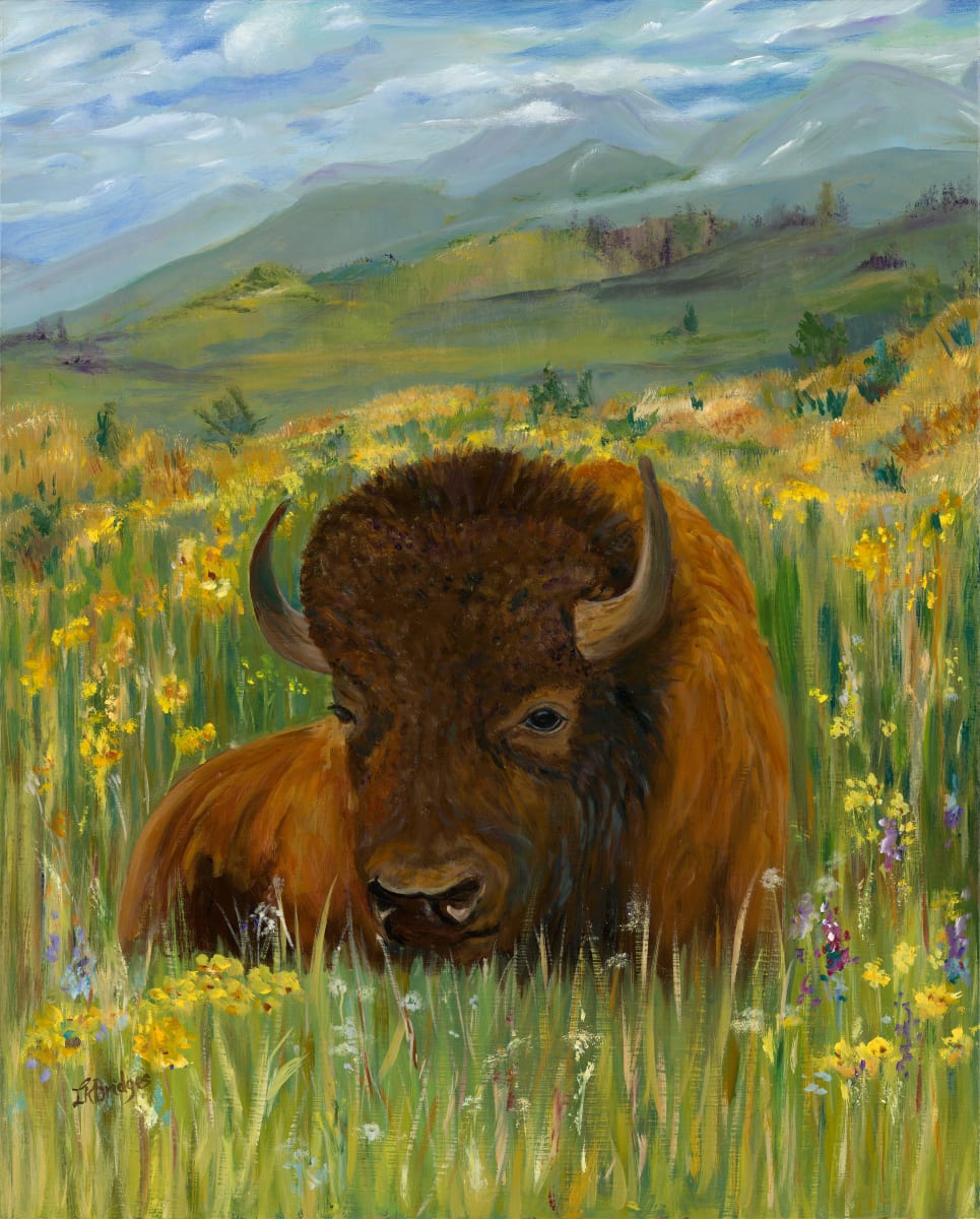 Peaceful Rest by Linda K Bridges  Image: Peaceful Rest--Bison resting in a field of wildflowers.