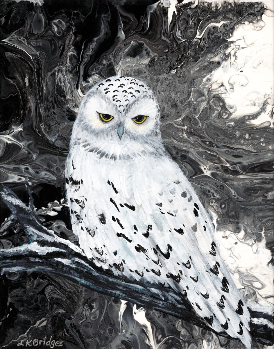 Snowy Owl by Linda K Bridges  Image: Snowy Owl on black and white abstract background
