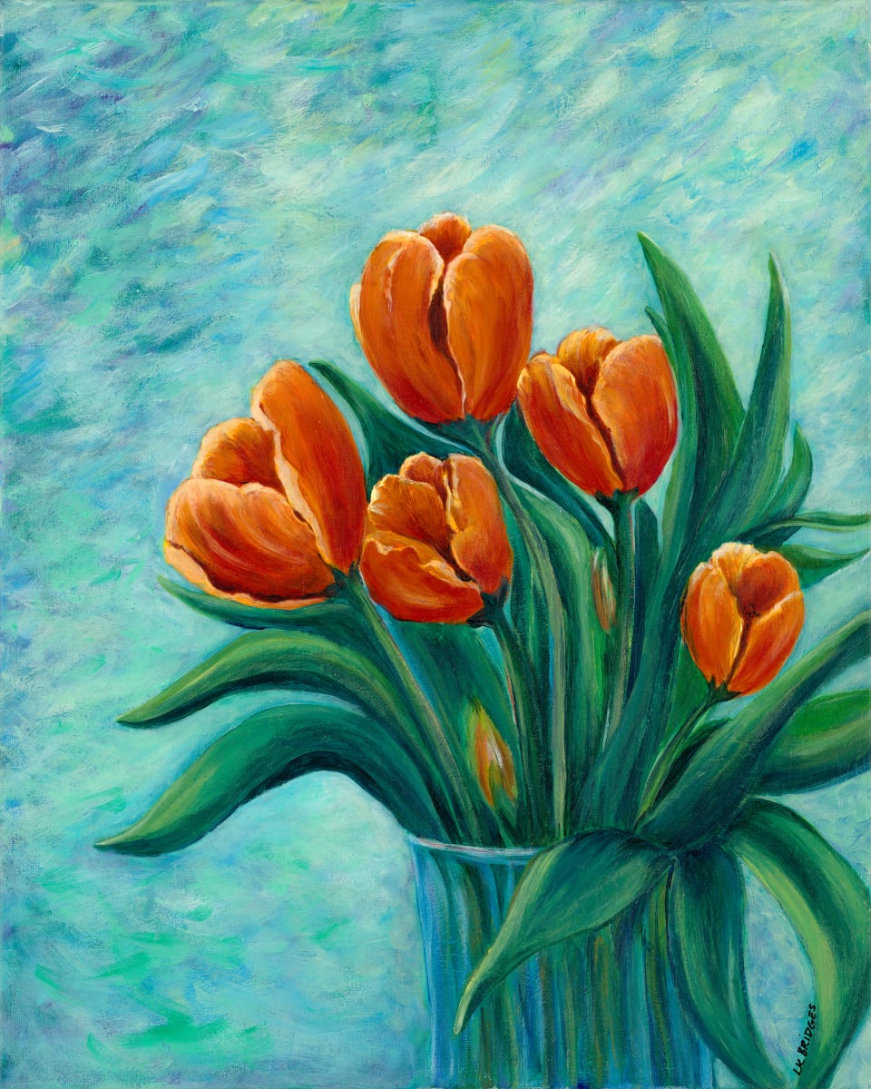 Orange Tulips in a Vase by Linda Bridges  Image: Orange Tulips in a vase painted in acrylics on canvas.