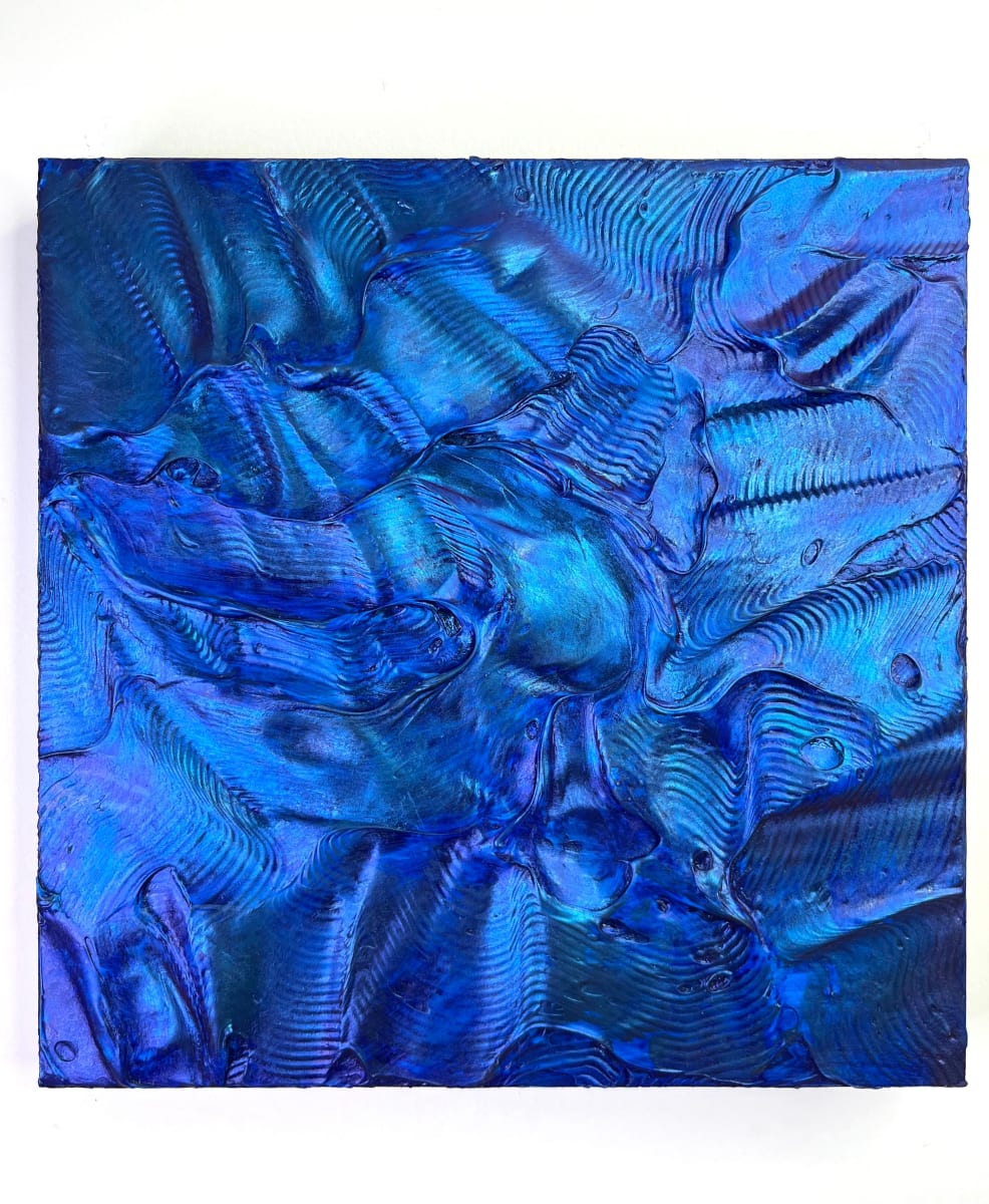 MOODY BLUES by Michele LeMaitre  Image: Original 2D Interactive Sculptural Mixed Media painting on premier gallery profile cradled wood panel. Signed en verso. 

The textural surface colors transition from bold to quiet, depending on the direction of light and the viewers body movement. 