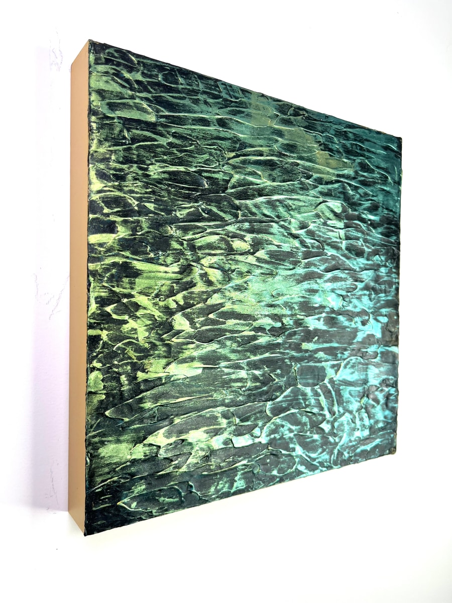 RIVER WALK  Image: 12" x 12" x 1.5" Original 2D Interactive Sculptural Mixed Media painting on premier gallery profile cradled wood panel. 
Signed en verso. 

The textural surface colors transition from bold to quiet, depending on the direction of light and the viewers body movement. 

