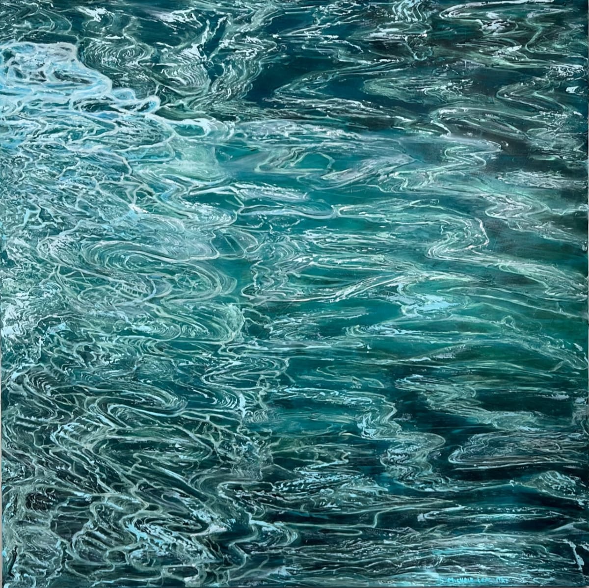 SHALLOWS by Michele LeMaitre  Image: Original 2D Interactive Sculptural Mixed Media on cradled wooden panel. This piece slightly glows in the dark.  Edges painted a dark turquoise blue. 