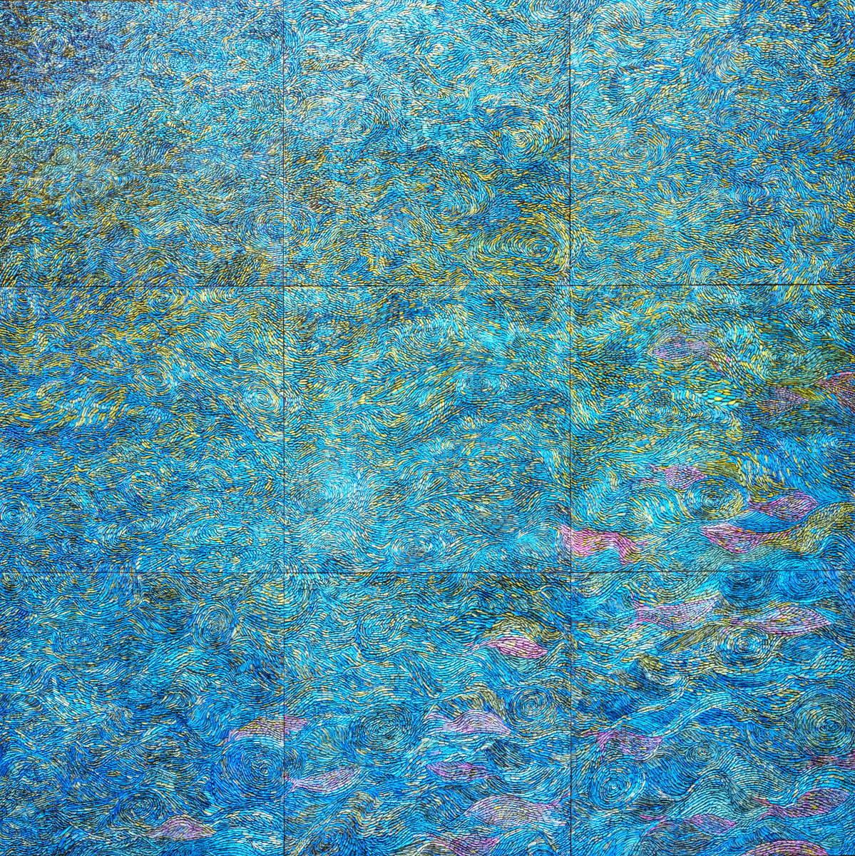 CURRENT by Michele LeMaitre  Image: This 9 FOOT X 9 FOOT X 1.5" intricate mosaic like work, titled "CURRENT" depicts Ocean water, with several fish swimming within the flowing water and is a metaphor for resilience, self reflection, the shifting one's own perspective, and opening up to all things possible. 

This is a NEWLY INVENTED process and style of Mixed Media, with bold colors that change with the movement of your body.