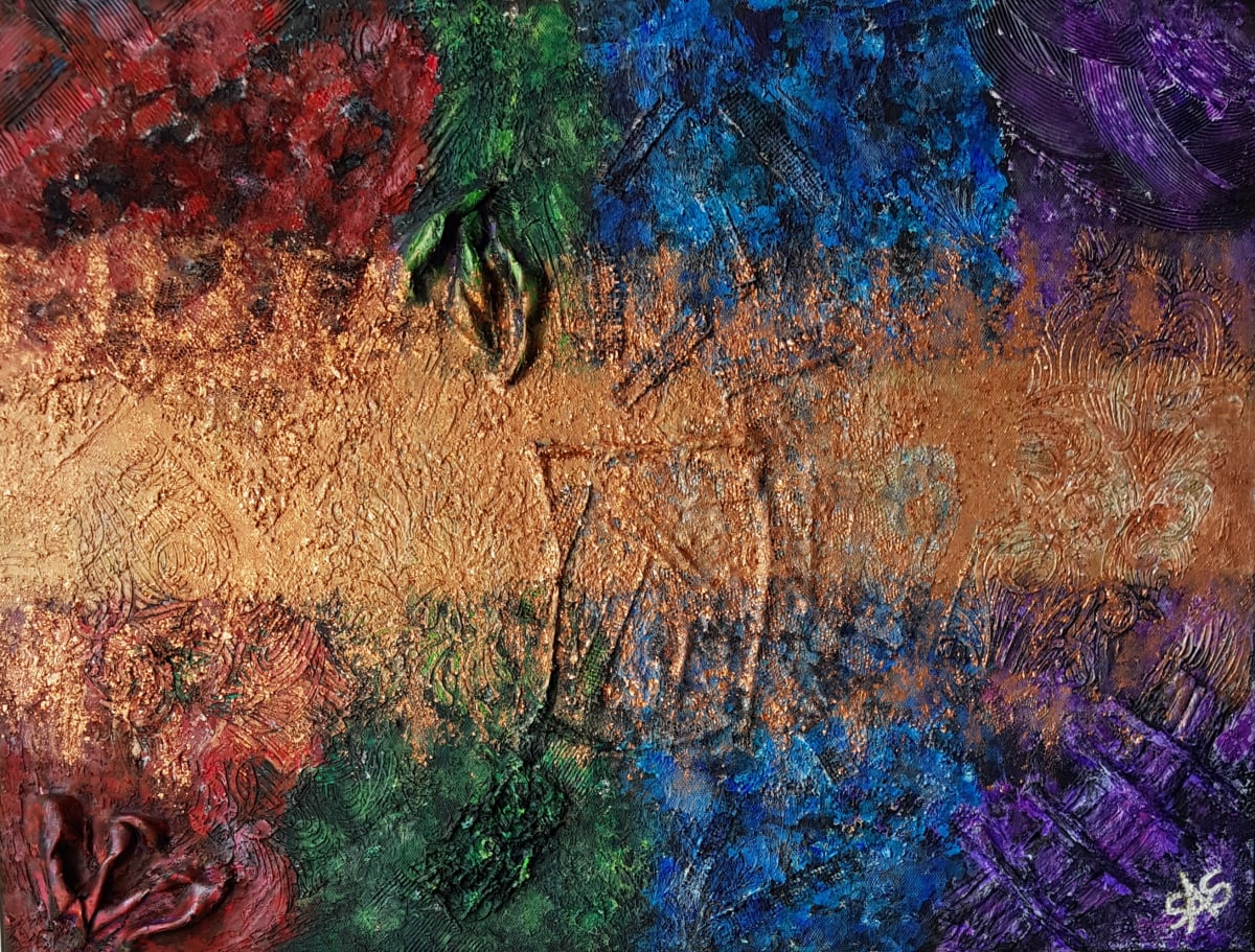 Broadband by Sheila Singam  Image: The focus of this piece is texture and depth of colour, lightened by a broad band of gold