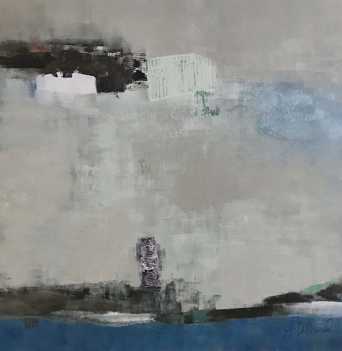 Remnents by Helen DeRamus  Image: Abstract landscape for the memory landscape series. An depiction of the shores of a water expanse.