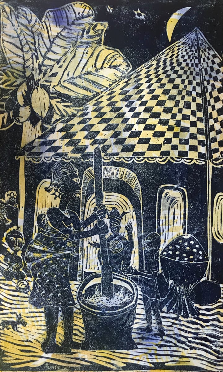 Yam Pounder by Tunde Odunlade  Image: Bold use of line and pattern, Yam Pounder is a composition showcasing  domestic Nigerian village life. The main subject is that of a woman wearing star earrings with baby wrapped in traditional Yoruba cloth on the woman's back. The woman pounding yams using a large mortar and pestle. Nigeria is the largest producers of yams. One of the most popular methods of preparing and serving yam is by "pounding" and producing a semi- mashed paste. Pounded Yam is wrapped in plastic bags to retain its moisture and often served with a variety of soups.  The smaller figure to the right of the yam pounder appears to be holding a wrapped bag of this yam paste. A large pot cooks on a fire behind the figure and another figure, seated behind the yam pounder to the left prepares the yams. The central figure is a man wearing a traditional Yoruba cap called a fila. The style worn by the man is called an abeti aja. The moon and stars are in the upper right hand corner signifying the time of day as night. 

The soft edge marks of the ground and curved roof edges are created by the lino- cutter's curved groove shape. The first layered block has been printed in yellow. Subtle checkerboard design in yellow can be seen in the doorway behind the seated man the and window behind the cooking pot creates a beautiful sense of depth within the composition.  The second layer of blue, on top of the first layer is slightly deckled with texture, the Lino plate sliding slightly during the print process. The "happy accident" creates a sense of movement in the tropical almond tree's big leaves  in the upper left hand corner. The consistent changing of line weight throughout the composition creates action and an engaging energy. 



