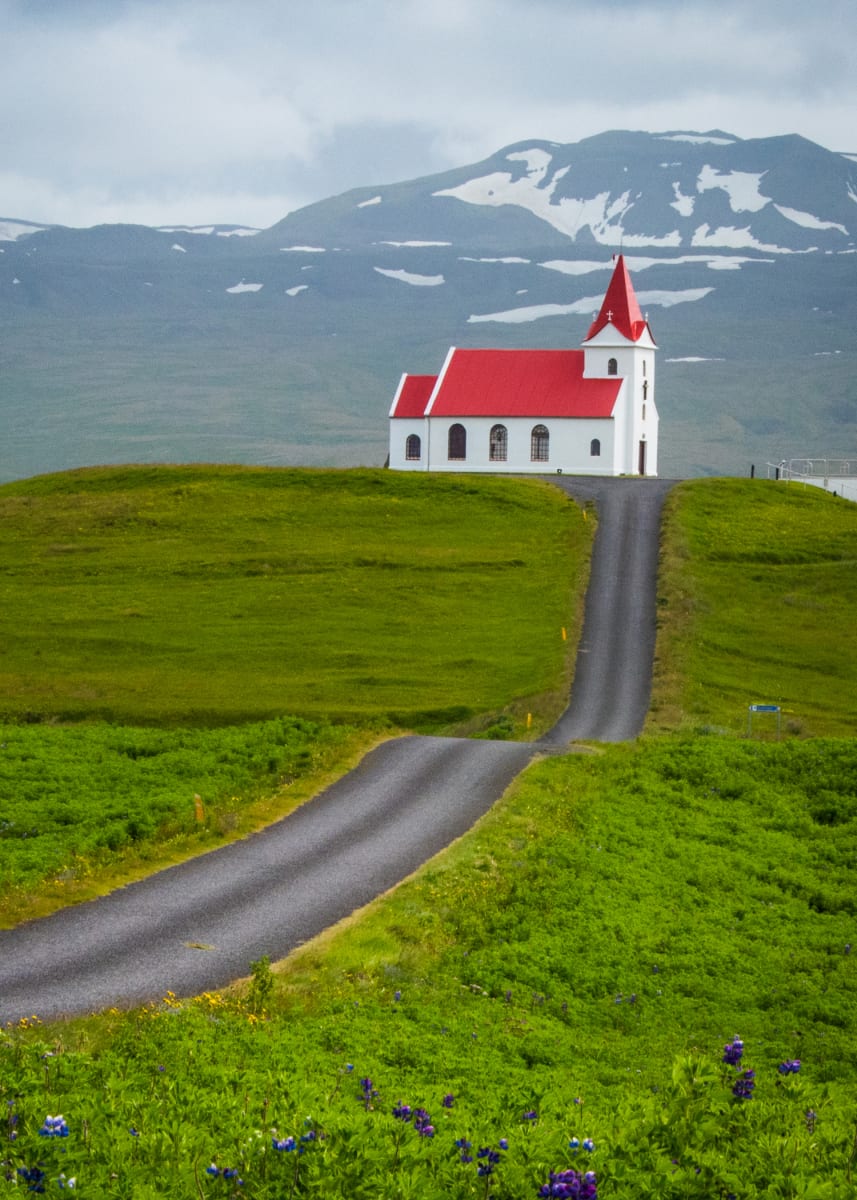 Ingjaldsholl Church - Hellissandur, Iceland by Jenny Nordstrom  Image: Ingjaldsholl church in Hellissandur, Iceland, with background of Snaefellsjokull mountain.