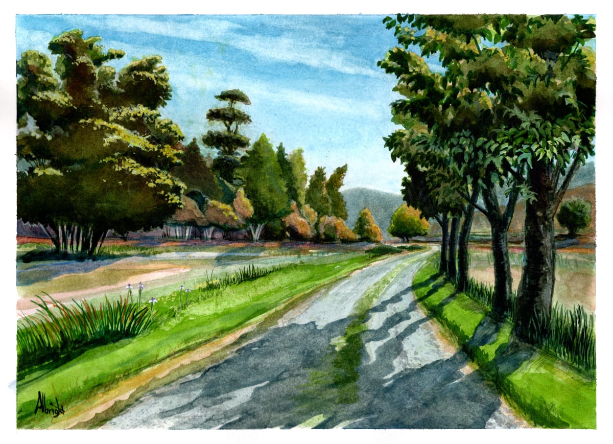 Down the Road by Sam Albright  Image: Down the Road 12 x 9 watercolor 8/2022
