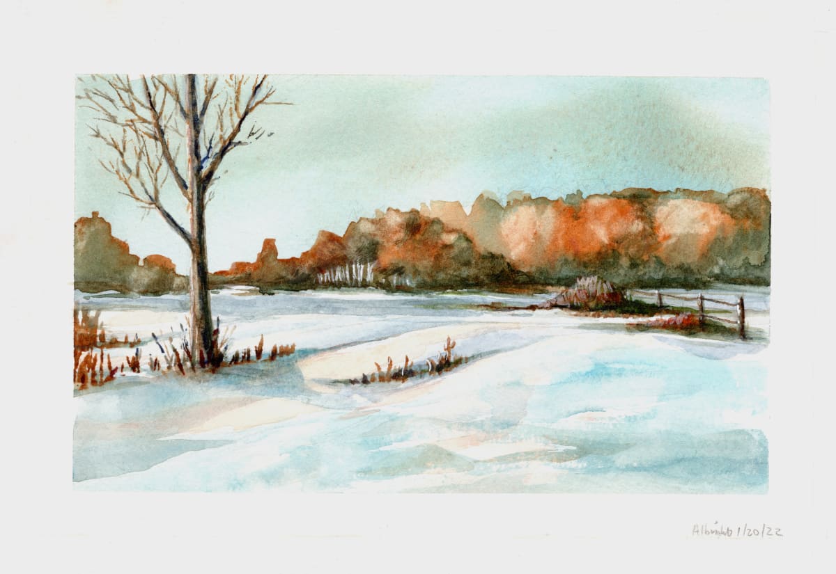 Winter Trees with Fence by Sam Albright  Image: Watercolor 8 x 5