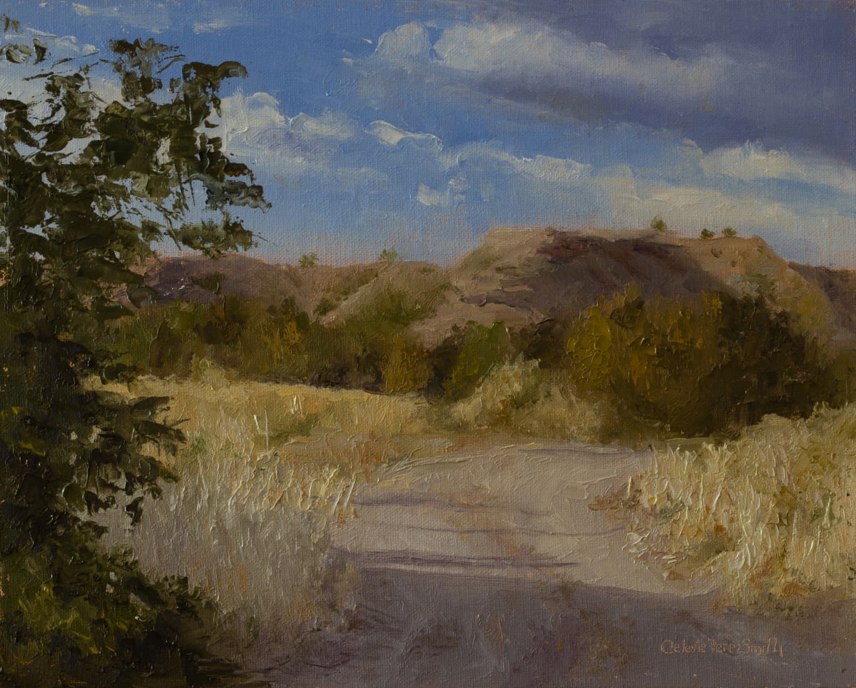 The Hidden Road by Celeste Perez Smith Fine Art  Image: While out on one of my many plein air excursions, I discovered a secluded path off a main road which vividly showcased the sun setting in the late afternoon.  I'm not quite sure where the path eventually led, but I felt I was being summoned to paint this!
This painting was recently voted a Bold Brush Competition's FAV 15% by staff at Fine Art Studio Online (FASO).