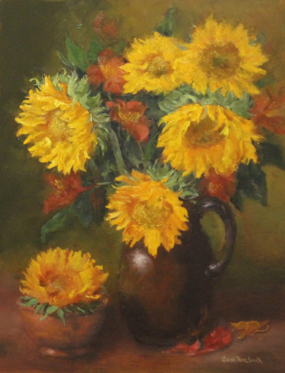 Sunflower Mood by Celeste Perez Smith Fine Art  Image: Beautiful large sunflowers in a brown jug vase.  Unframed.