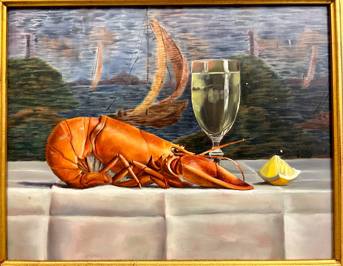 Lobster + Wine Bottle by Julie Y Baker Albright 