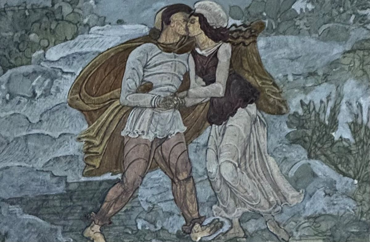 Man with Cloak Kissing Girl by Barry Faulkner 