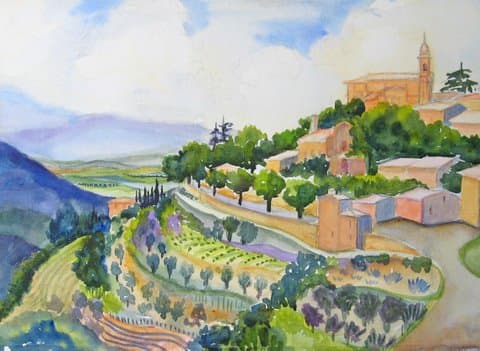 View of Montalcino by Lou Jordan  Image: Painted on site at Montelcino while the soccer team from Milan was watching!