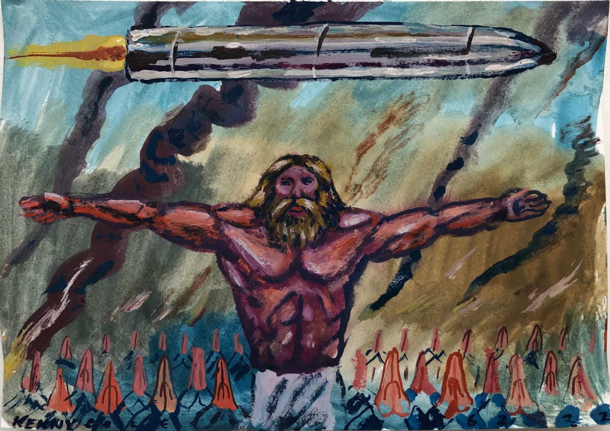 “The Power of Prayer: Missile Defense”  Image: Jesus standing in a crucified position in front of a crowd of praying hands.
