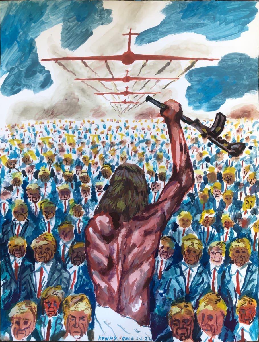 “Resurrection With Weapon”  Image: Jesus waving a gun at a crowd of Trumps.