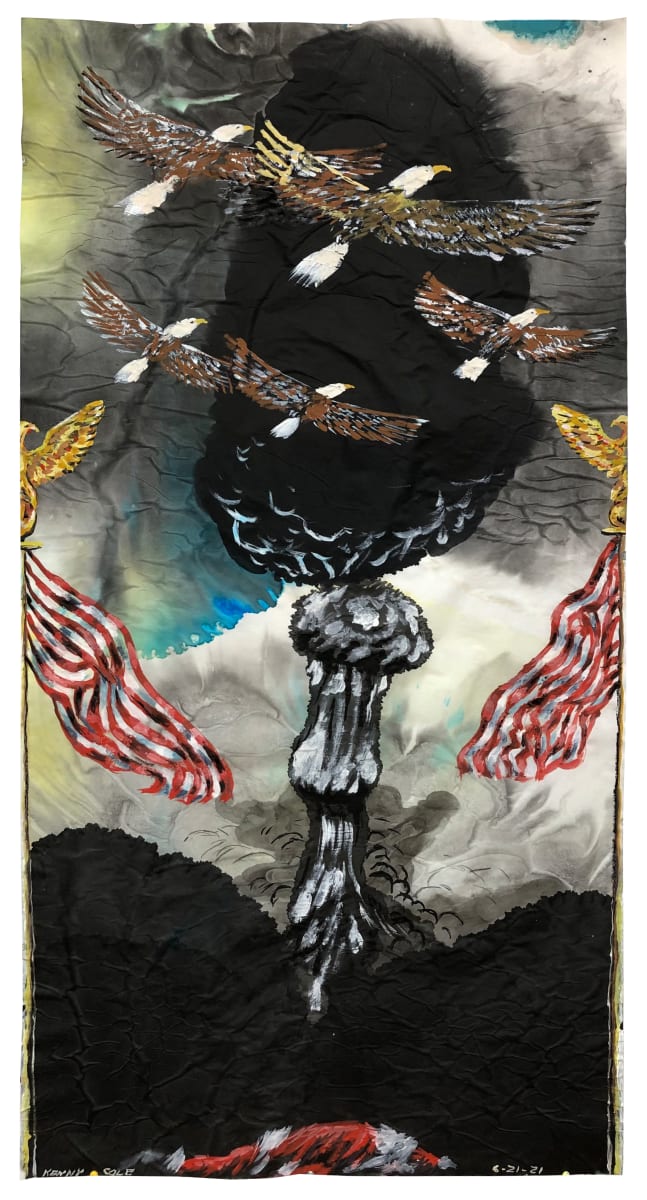 “Circling” by Kenny Cole  Image: Tall atomic mushroom cloud with flags and eagles.