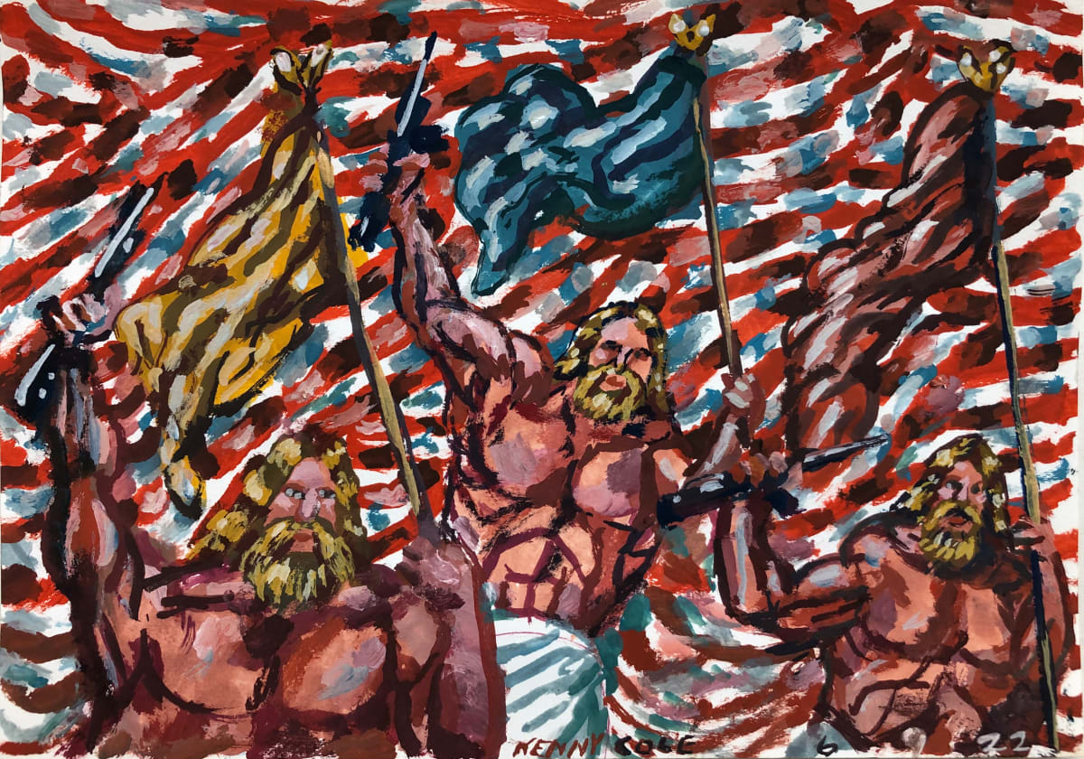 “Flying the Flags”  Image: Three Jesuses waving flags and guns.