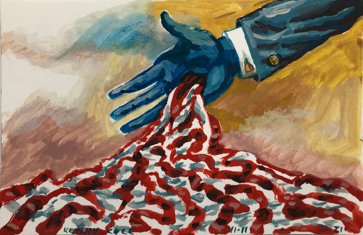 “The Legend of Betsy Ross”  Image: A blue corporate hand with stigmata and flag flowing forth.